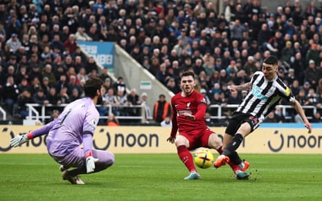 Almiron goes close but is blocked by Alisson.