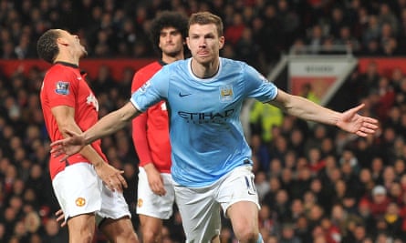 Edin Dzeko celebrates after scoring for Manchester City against Manchester United. ‘I loved the feeling of the derby, that pressure, the atmosphere,’ he says.