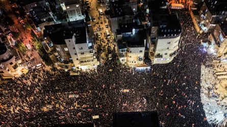 A drone view shows Ultra-Orthodox Jewish men as they protest.