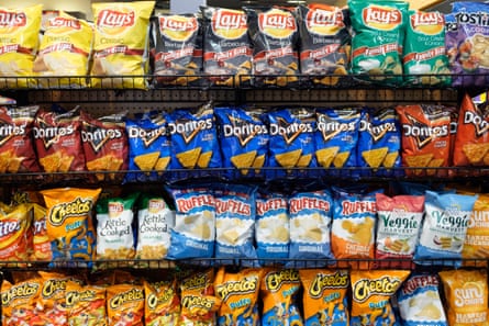 Wide selection of potato chips on a shelf display