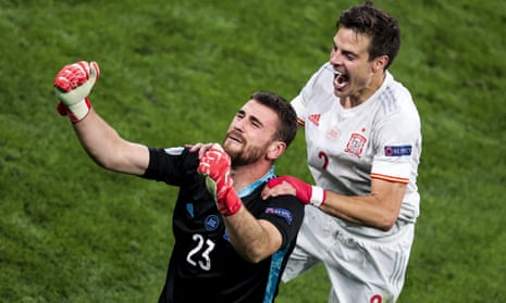 Unai Simón is joined by César Azpilicueta after Spain sealed their place in the Euro 2020 semi-finals with the penalty shootout victory over Switzerland.