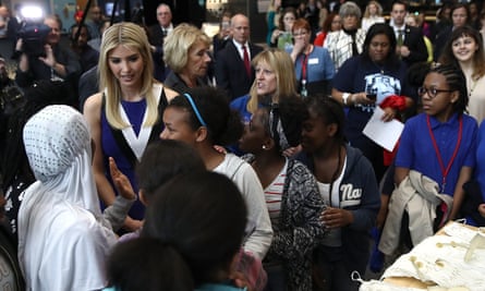 Ivanka Trump greets female students highlighting the study of science, technology, engineering and mathematics while touring The Smithsonian Air and Space Museum on 28 March 2017 in Washington DC.