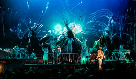 New world … Björk and band with the show’s spectacular backdrop.