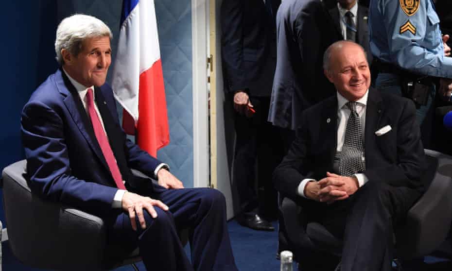 US secretary of state, John Kerry, and French foreign minister, Laurent Fabius, on the sidelines of the COP 21 conference on climate change in Paris.