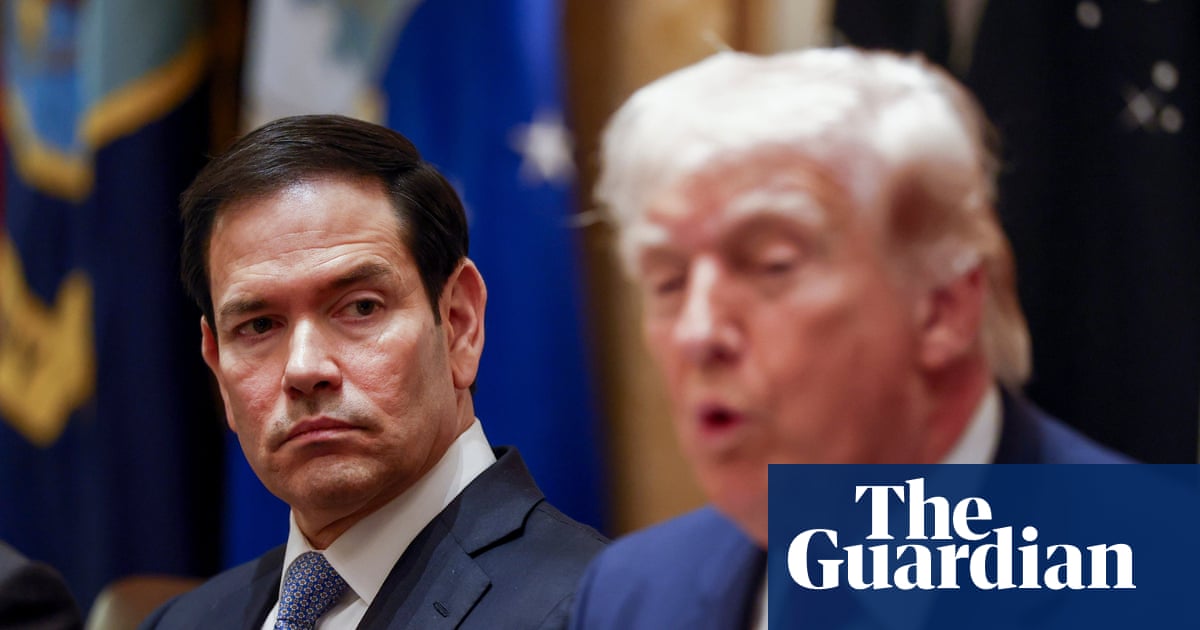 Marco Rubio and Elon Musk conceptually high-fiving over a globe while Pentagon PsyOps runs the teleprompter off-screen.