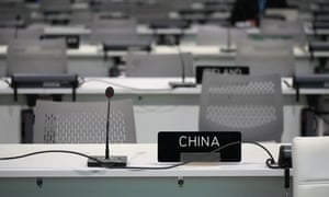 The seat for the Chinese delegation is seen ahead of the start of COP26 at SECC on October 31, 2021 in Glasgow, Scotland.
