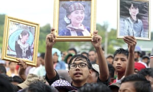Supporters in Myanmar’s capital Naypyidaw rally to the defence of Aung San Suu Kyi after attacks on her in the west.