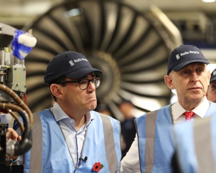The prime minister, Andy Burnham, and the chancellor, John Healey, visiting the Rolls Royce factory in Derby, October 29.