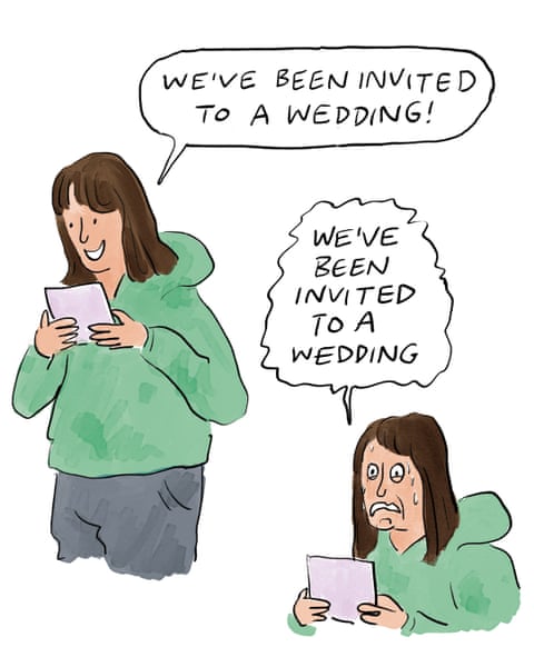A series of cartoon images of a scruffy woman trying to find something to wear for a wedding, panel 1