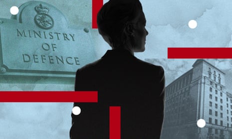 Graphic image of a woman silhouetted against fainter background images of a Ministry of Defence plaque and the MoD headquarters building in London