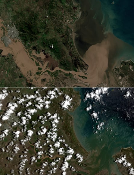 The Fitzroy river mouth before and after the cyclone. In the top image the plume of sediment can be seen