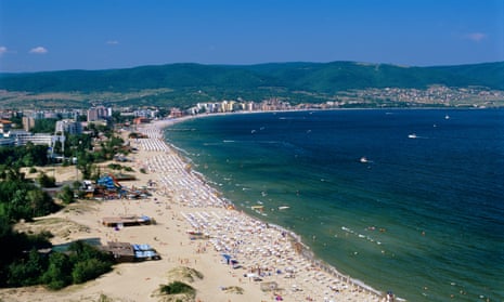 Aerial view over beach, Sunny Beach, Black Sea coast, Bulgaria, Europe