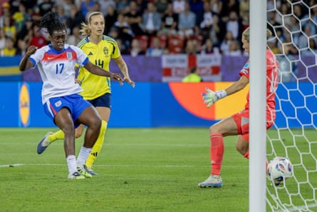 Michelle Agyemang scores for England in the Euro 2025 quarter-final match against Sweden.