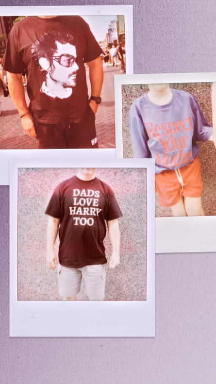 A collage of Polaroid-style photographs against a pale background shows fans wearing themed clothing. One image features a person in a black T-shirt printed with a portrait graphic. Another shows someone wearing a sweatshirt with the slogan “Respect Your Mother” paired with orange shorts. A third photograph depicts a person in a black T-shirt reading “DADS LOVE HARRY TOO” standing against a textured wall.
