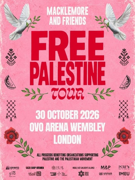 The poster for the London date of Macklemore’s Free Palestine tour, with a pink background, red and white lettering and images of white doves, watermelons and traditional illustrations