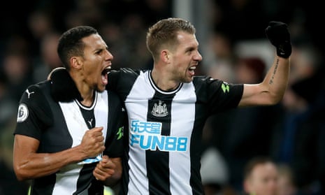 Newcastle United’s Florian Lejeune celebrates scoring his side’s second late goal.