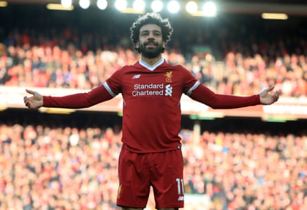 Mohamed Salah celebrates a goal in 2018 at Anfield