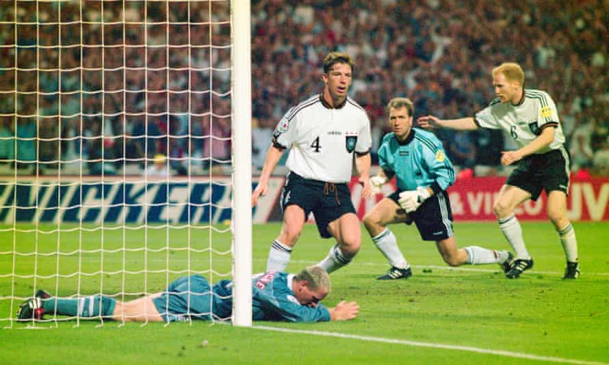 Paul Gascoigne on the ground after failing to connect with a cross at Wembley in 1996.