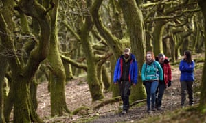 Walkers exploring St Mary’s Vale, Brecon Beacons, Powys.