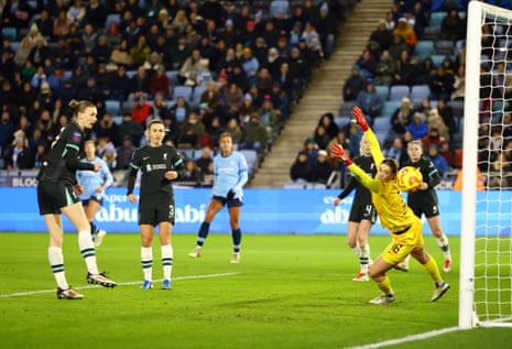 Khadija Shaw scores Manchester City’s second goal past Liverpool's Teagan Micah