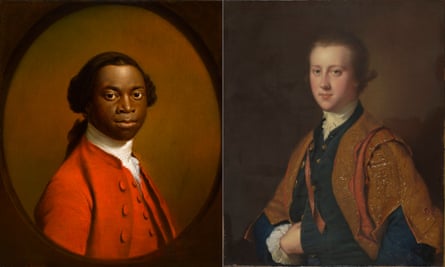 Dos retratos del siglo XVIII, uno de un hombre negro con traje rojo y el otro de Richard Fitzwilliam.