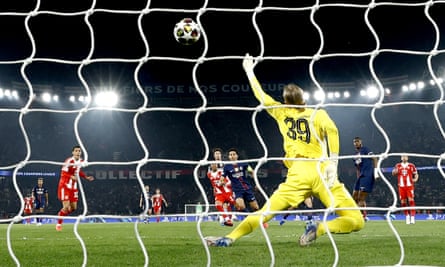 Michael Olise (centre in Bayern red) scores one of the nine goals on a breathtaking night in Paris.