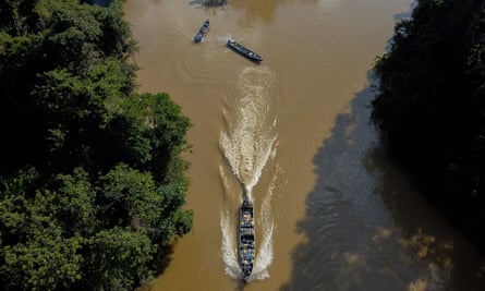 An aerial view of Porto do Arame, on the banks of the Uraricoera river, the main access point for people trying to leave illegal mining sites.