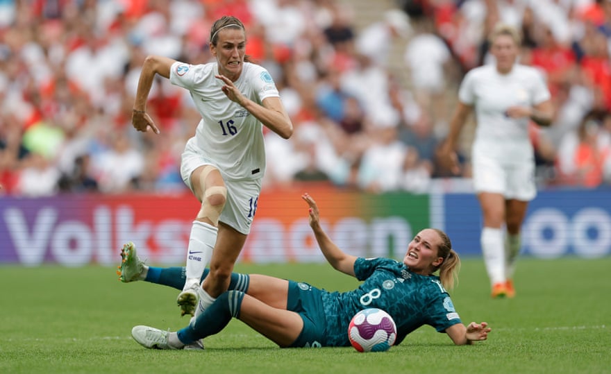 Jill Scott is fouled by Germany's Sydney Lohmann during the Women's Euro 2022 final at Wembley.