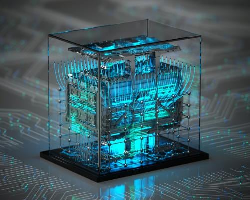 A glowing blue quantum computing circuit structure sits inside a transparent glass case