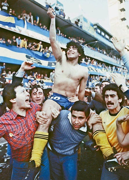 Diego Maradona being carried by fans after winning the local championship with Boca Juniors in Buenos Aires in 1981.