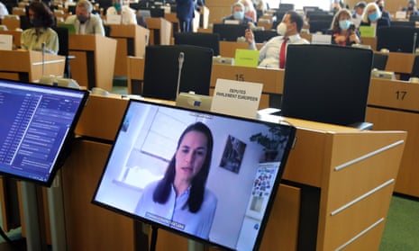 Svetlana Tikhanovskaya (on screen) addresses the European parliament via video link from Lithuania.