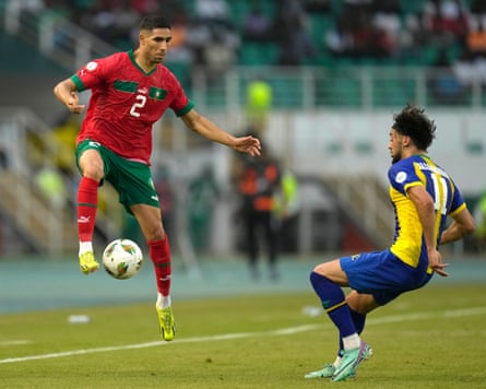 Tarryn Allarakhia closes down Morocco’s Achraf Hakimi at the 2024 Afcon