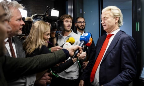 Reporters thrust microphones at Geert Wilders