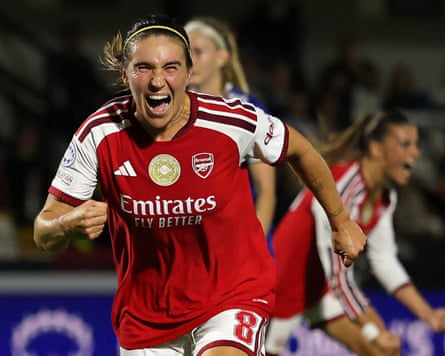 Arsenal’s Mariona Caldentey celebrates after scoring against HB Koge.