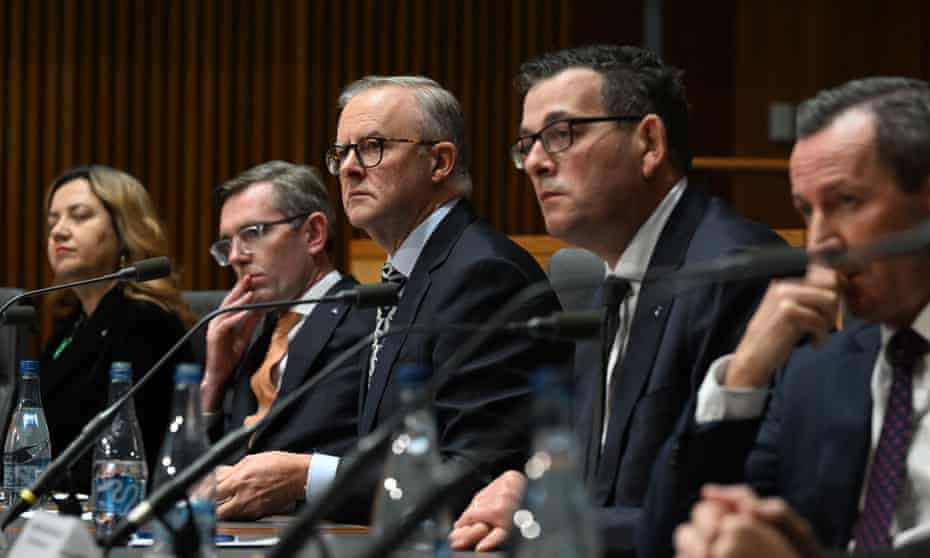 Annastacia Palaszczuk, Dominic Perrottet, Anthony Albanese, Dan Andrews and Mark McGowan at a press conference after a national cabinet meeting at Parliament House in Canberra
