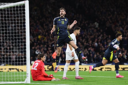 Ryan Christie jumps for joy after equalising for Scotland barely two minutes after Greece had taken a deserved second-half lead.