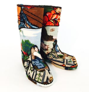 Wellington boots by Swedish designer Ulla-Stina Wikander, who covers 1970s household objects in second-hand cross-stitches