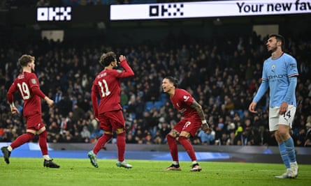 Darwin Núñez greets Mohamed Salah after Liverpool’s second equaliser of the game