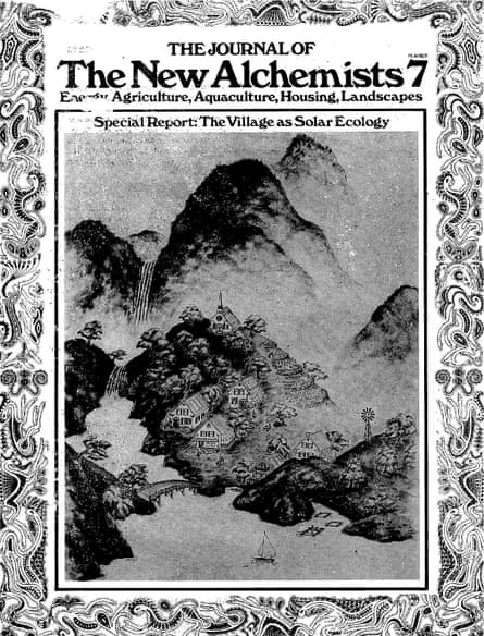 A black and white image of the cover of a magazine that reads ‘the Journal of the New Alchemists 7’ with a drawing of a hilly landscape