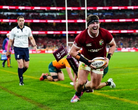 Tom Curry celebrates after scoring the Lions’ second try, making the score 23-10.