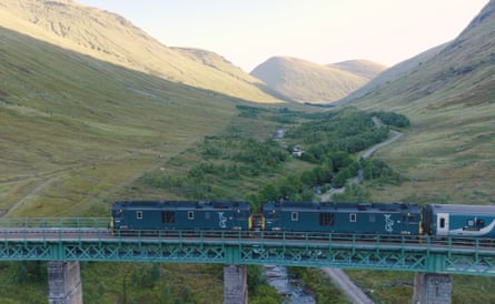 train crossing a rail bridge in Scottish Highlands
