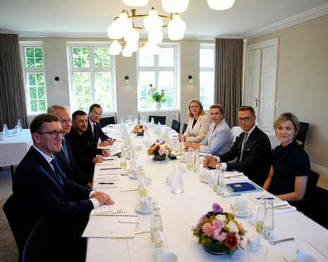 Danish prime minister Mette Frederiksen (3rdR) and Ukrainian president Volodymyr Zelenskyy (3rdL) attend a meeting with the leaders of Nordic-Baltic Eight (NB8) countries, (LtoR) Estonian prime minister Kristen Michal, Lithuanian president Gitanas Nauseda, Swedish prime minister Ulf Kristersson, Latvian prime minister Evika Silina, Finnish president Alexander Stubb and Icelandic prime minister Kristrun Mjoll Frostadottir to discuss further support for Ukraine at Marienborg, the Danish prime minister’s official residence, near Copenhagen.