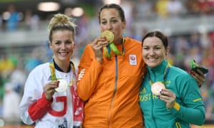 Australia’s Anna Meares, right, smiled after her bronze behind Elis Ligtlee of the Netherlands and Becky James of GB in the keirin but later said of the British: ‘How do they lift so much?’