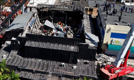 An aerial view of rescuers at the Jet Set nightclub after the roof collapsed