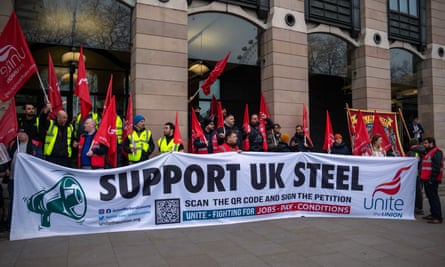 Unite members with flags and a large banner reading ‘support UK steel’