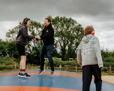 James and Jude on a trampoline