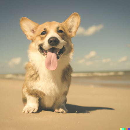 A soft-focus, washed-out image of a corgi on a beach