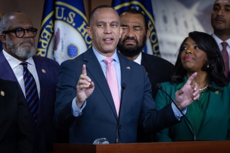 House Minority Leader Hakeem Jeffries (D-NY) speaks at a press conference with other members of the Congressional Black Caucus on the supreme court Louisiana decision.
