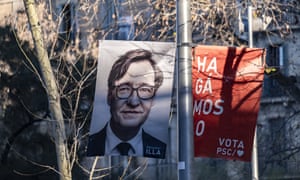 An electoral poster of Salvador Illa in central Barcelona.