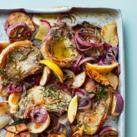 Thomasina Miers' recipe for pork chops with garlic roast turnips